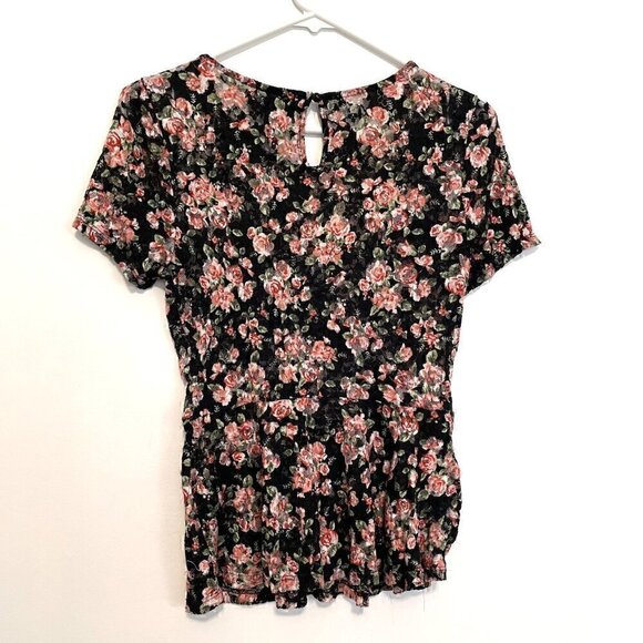 FOREVER 21 Black Pink Multi Floral Lace Twee 2010s Short Sleeve Peplum Blouse M - Picture 12 of 16